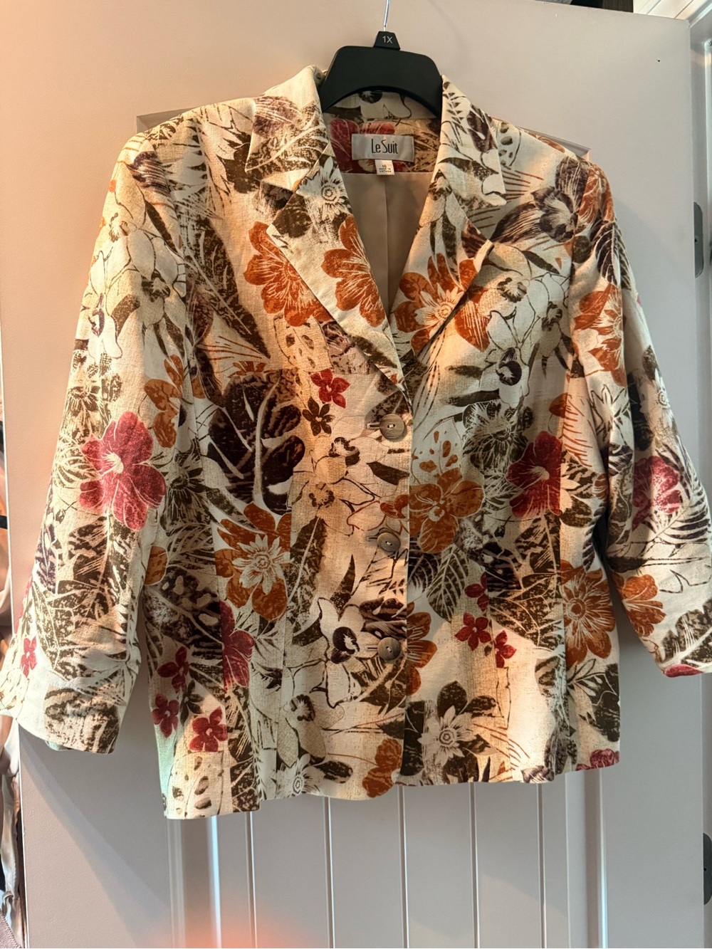 Le Suit Cream Floral Blazer with Rust and Pink Accents